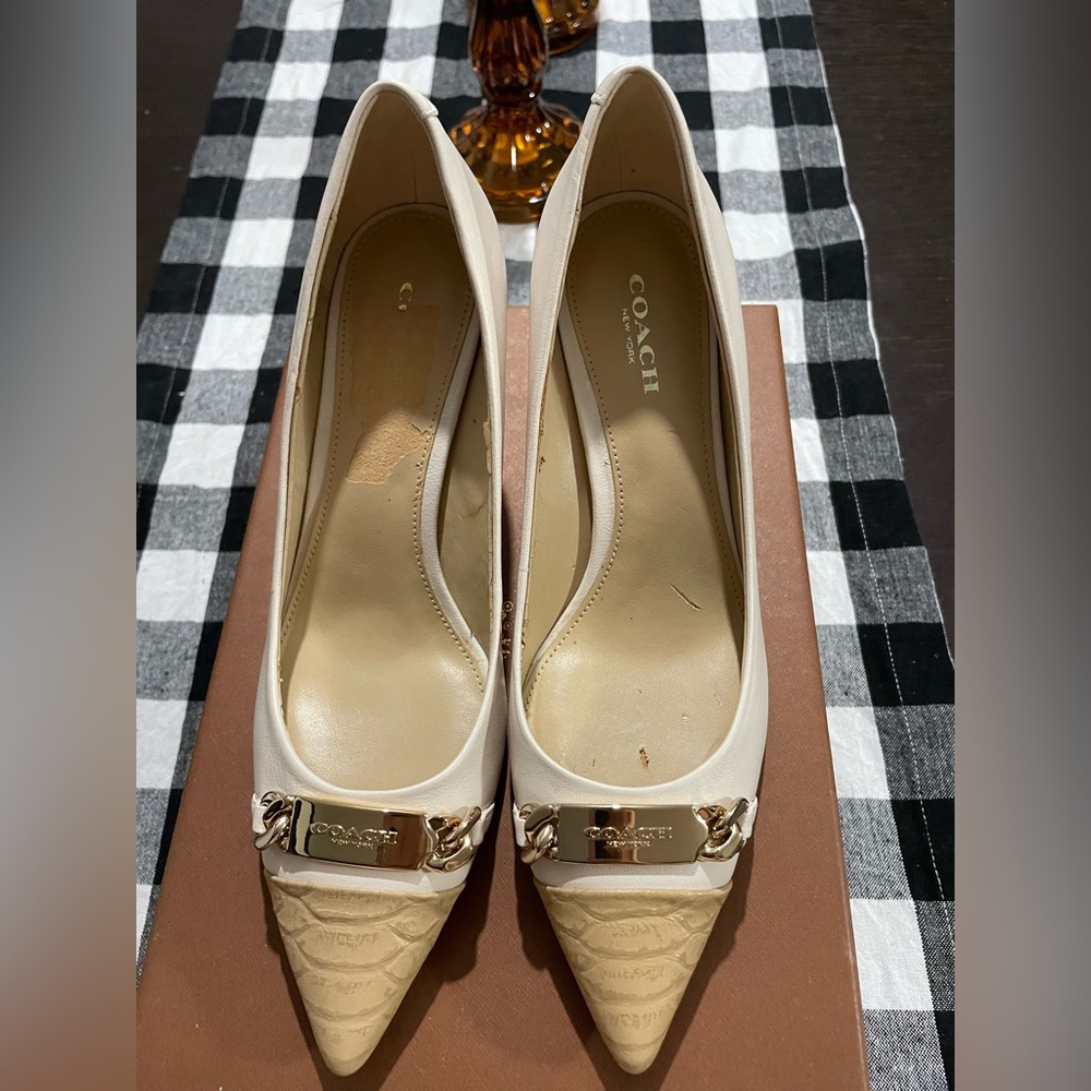 Coach Bowery Pointed-Tie Snake Emboss Kitten Heel Pumps  | 6.5